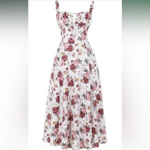 NWOT Rose Slit Lace Up Corset Floral Midi summer dress in Pink & Red Sz Medium